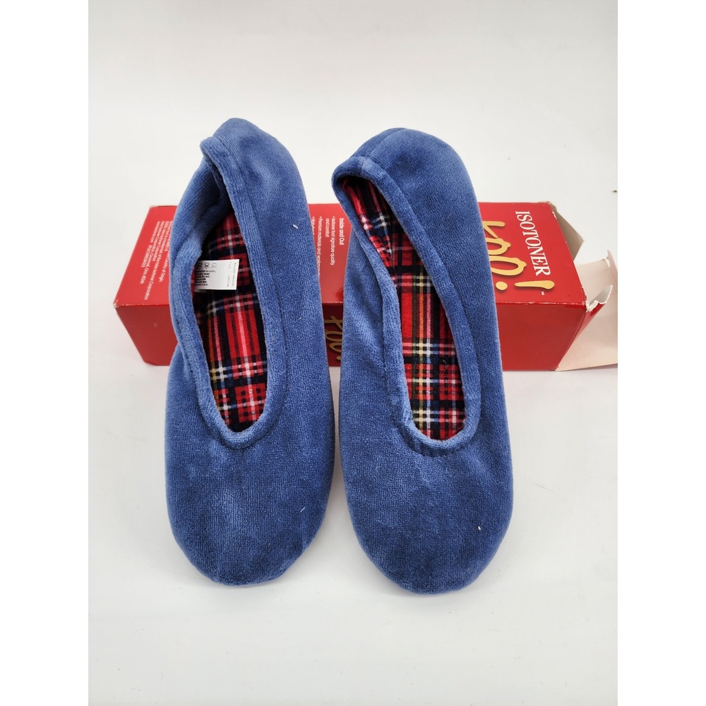 Isotoner Too Women Blue Velour Slippers Plaid Lining Medium 6.5-7.5 House Shoes